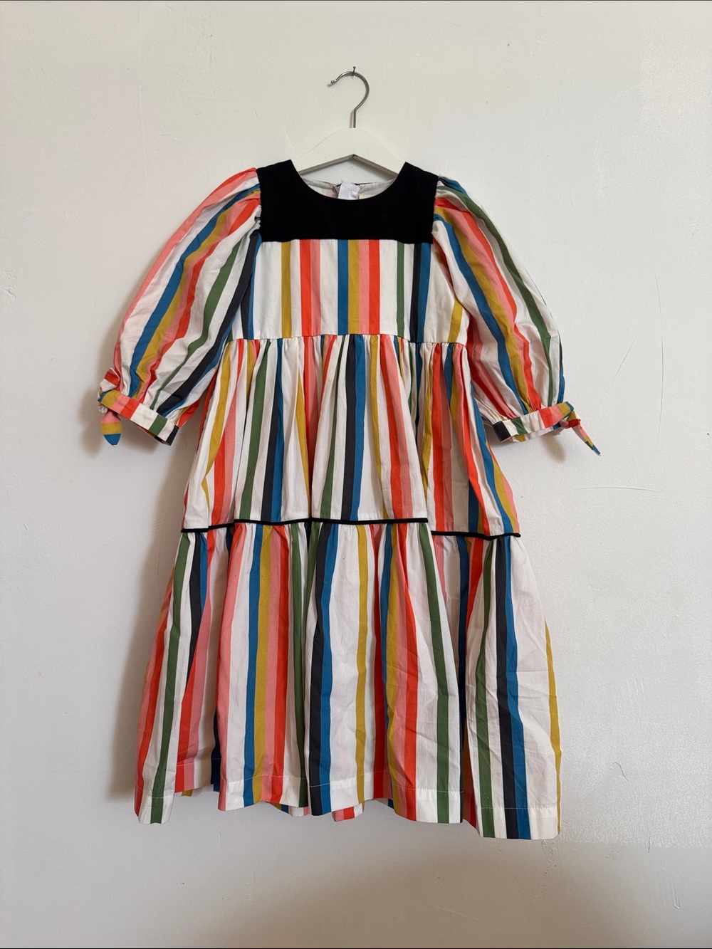 The Middle Daughter London- Kids Multicolor Stripe Tiered Dress with Black Yoke